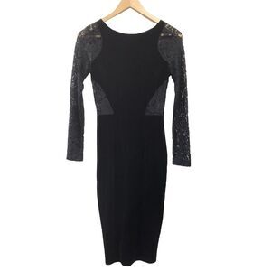 Orlain Dress Womens 8 Midi Black Lace Sleeves Cut Out Waist